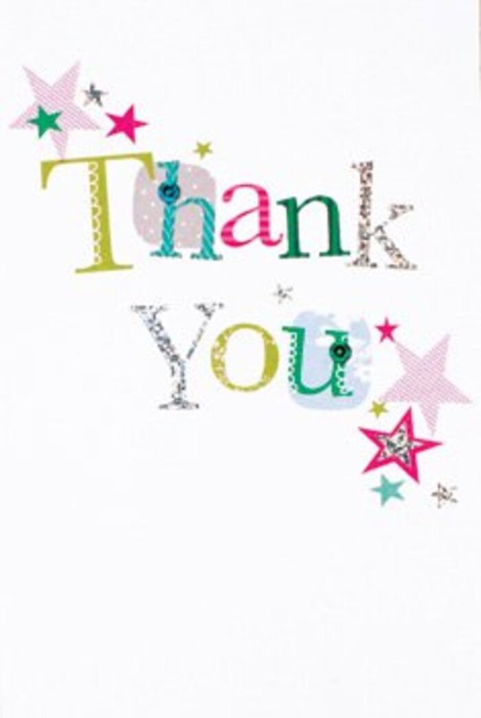 There's an understated exuberance to this thank you card-a quietly celebratory presence echoing the mix of old and new found in Cricklewood's community. The letters, each artistically distinct, radiate character: some are whimsical and dotted, others curve in almost musical elegance, their hues of bright green, fuchsia, and cool blue reminiscent of colourful bouquets along Cricklewood Lane. Near the heartfelt message, a sprinkle of vibrant stars gather-some twinkling with pink stripes, others filled with deep turquoise or a silvery glint- lending an air of stardust and cheer. The minimalist, modern layout floats on a white background, airy and open like the spacious greens near Dollis Hill. Balancing sophistication and playfulness, the card isn't just a token, but a gesture as uplifting as a bouquet and as sincere as a friend's gratitude. Perfect as an accompaniment for any local celebration, this card would nestle beautifully beside a fresh arrangement-its subtle textures and celebratory spirit capturing the warmth and connection of Cricklewood's close-knit residents.